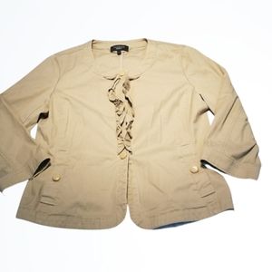 Talbots Stretch Tan Beige Ruffle Front 3/4 Sleeve Relaxed Blazer Size 12 Bust 40
